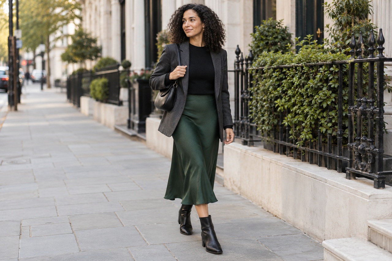 Femme portant une jupe vert forêt, un pull noir et un blazer anthracite.